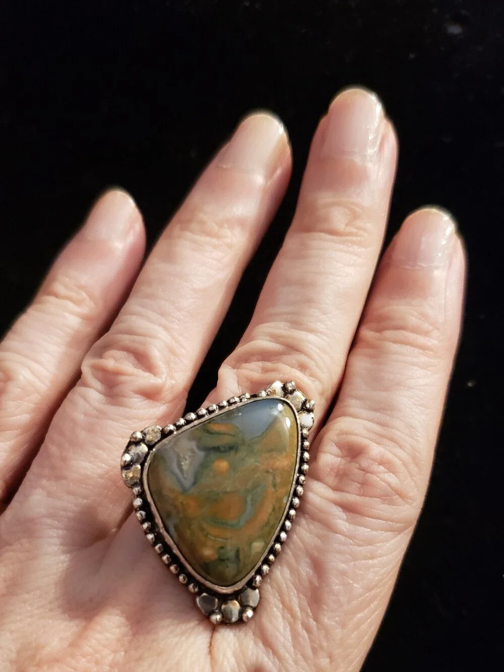 NEW Rainforest Jasper Natural Gemstone, 925 Stamped Ring, Sz 7.5 Abstract Art!
